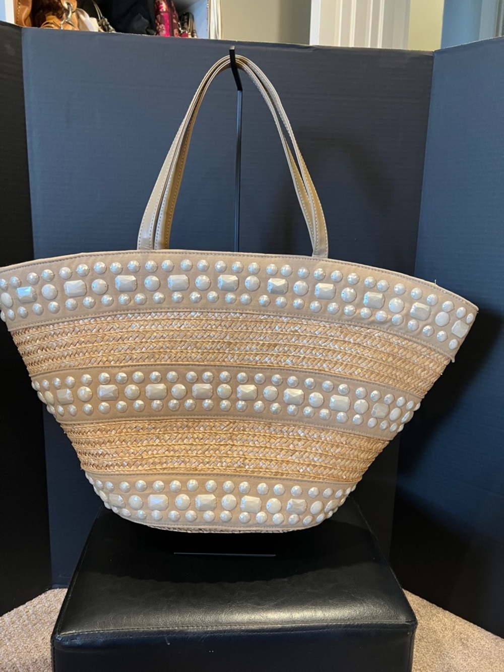 Big Buddha Natural Straw Tote with accent beads